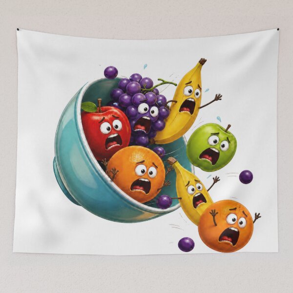 Item preview, Panicked Cartoon Fruit Bowl Tipping Over with Flying Fruit Characters designed and sold by jgvisualarts.