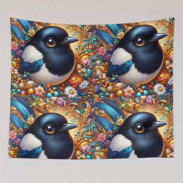 Item preview, Fantasy Magpie with Pearls – Whimsical Floral Bird Illustration designed and sold by EmeraldeaArt.