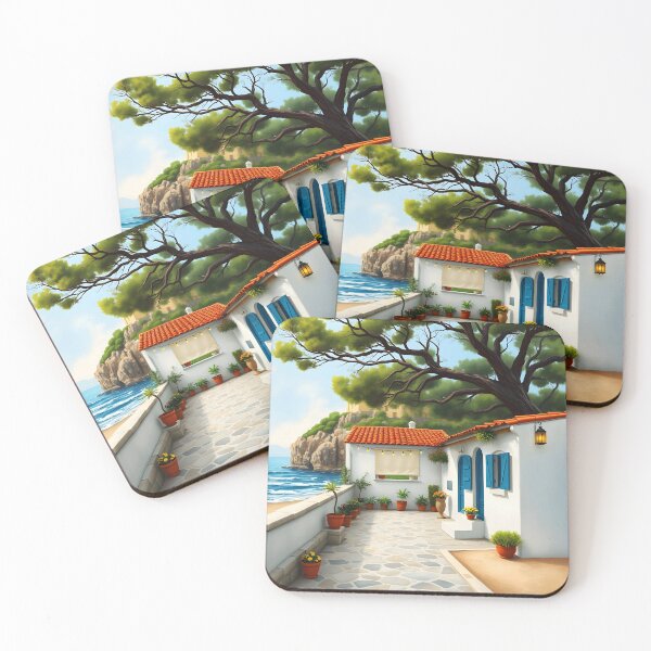 Item preview, Mediterranean Summer Terrace – White Coastal House with Blue Doors designed and sold by EmeraldeaArt.