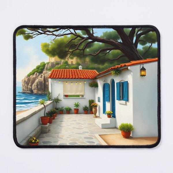 Item preview, Mediterranean Summer Terrace – White Coastal House with Blue Doors designed and sold by EmeraldeaArt.