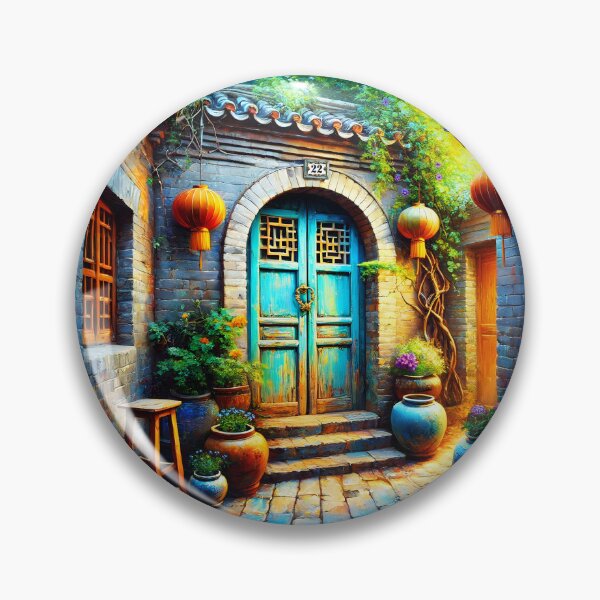Item preview, Rustic Blue Chinese Door – Coastal Courtyard Lantern Scene with Pots and Stone Pathway designed and sold by EmeraldeaArt.
