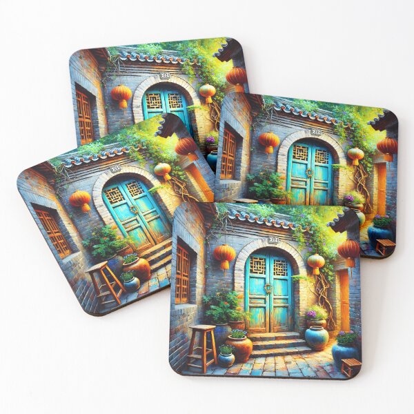 Item preview, Rustic Blue Chinese Door – Coastal Courtyard Lantern Scene with Pots and Stone Pathway designed and sold by EmeraldeaArt.
