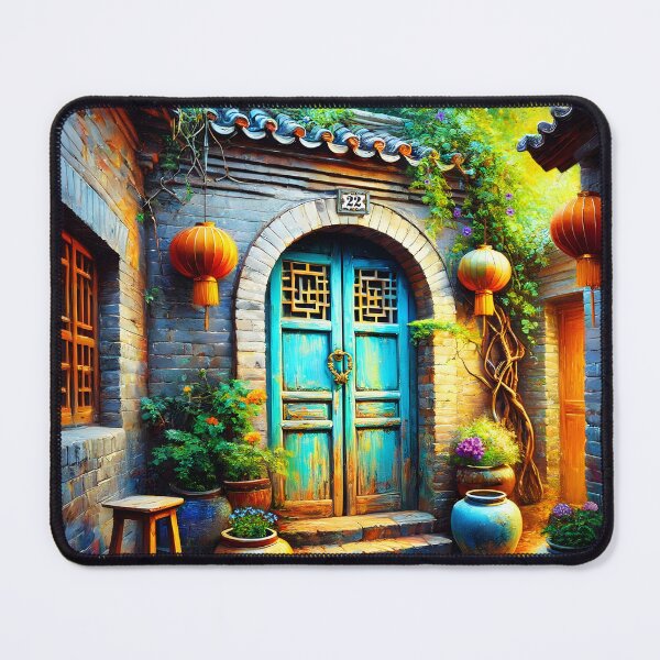 Item preview, Rustic Blue Chinese Door – Coastal Courtyard Lantern Scene with Pots and Stone Pathway designed and sold by EmeraldeaArt.