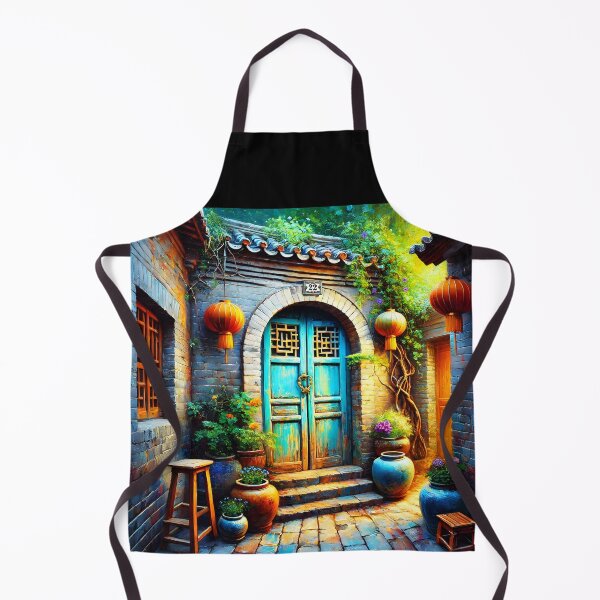 Item preview, Rustic Blue Chinese Door – Coastal Courtyard Lantern Scene with Pots and Stone Pathway designed and sold by EmeraldeaArt.