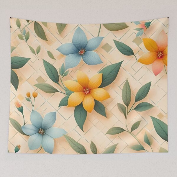 Item preview, Five Petal Flowers Soft Green Leaves Geometric Mesh Background Seamless Pattern designed and sold by Good Vibes .