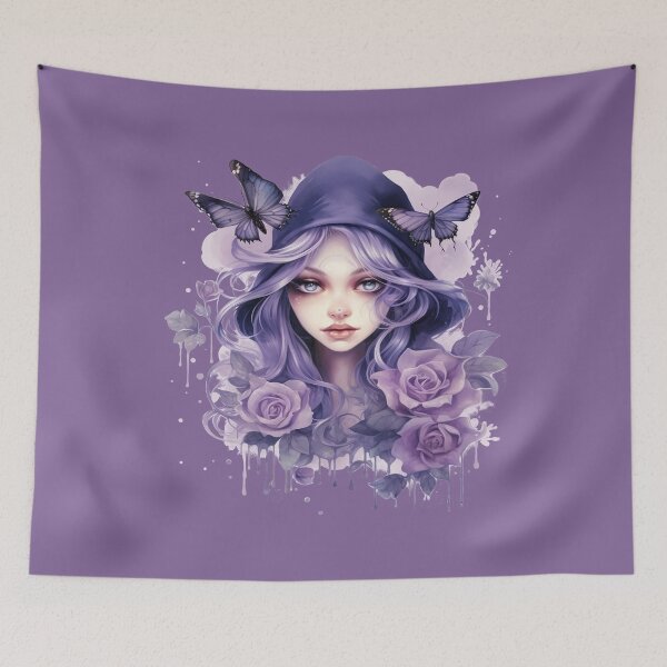 Item preview, Purple Witch with Butterflies | Ethereal Silver Purple Hair Fantasy Portrait designed and sold by TheInkRaven.
