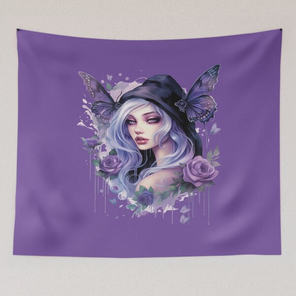 Item preview, Mystic Purple Witch with Butterflies | Silver Hair Gothic Fantasy Art designed and sold by TheInkRaven.
