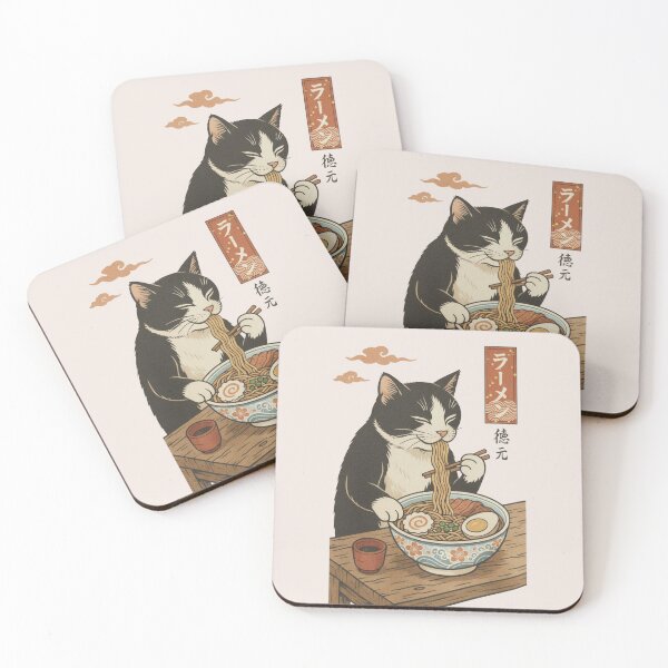 Aperçu de l'œuvre Chat Ramen, Chat japonais mangeant des nouilles, Anime Kawaii créée et vendue par toongstudio.