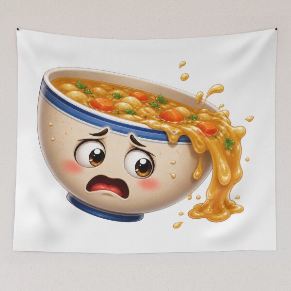 Item preview, Worried Soup Bowl Cartoon Character Spilling Over designed and sold by jgvisualarts.