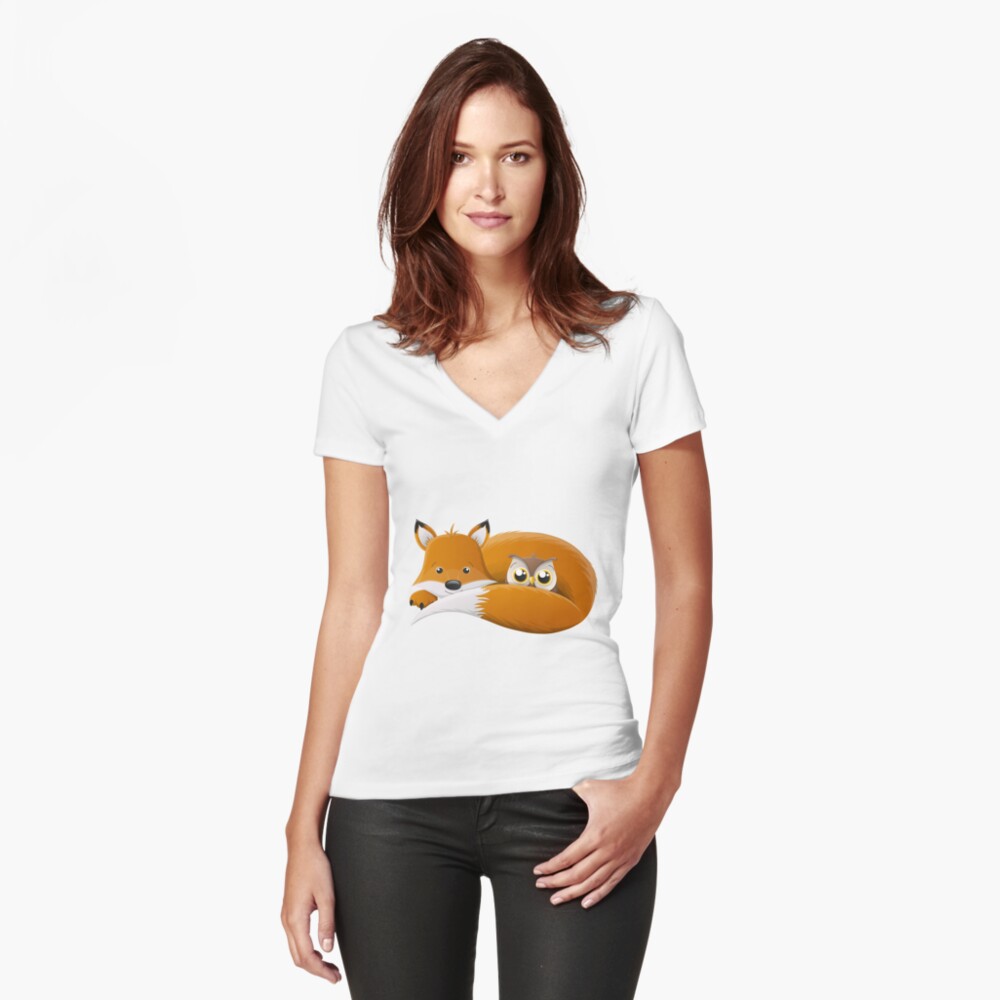 Cartoon fox with owl for children Fitted V-Neck T-Shirt