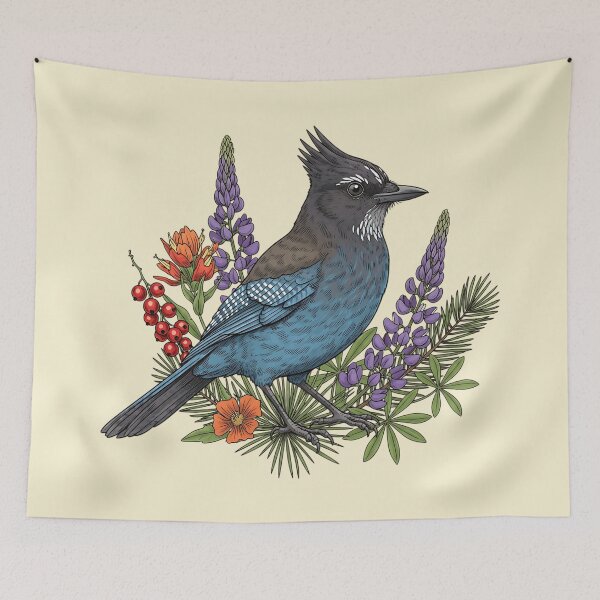 Item preview, Stellers Jay Wildflower Botanical Bird Illustration  designed and sold by BirdsnStuff.