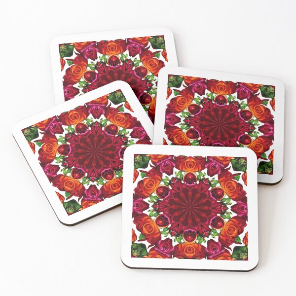 Item preview, Vibrant Rose Kaleidoscope Mandala on Black Background | Bold Floral Symmetry Art designed and sold by Joyfulfabric.