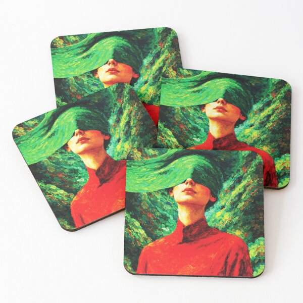 Item preview, Woman in Green Hat — Nature Fusion Impasto Oil Portrait with Red and Emerald designed and sold by RamyGallery.