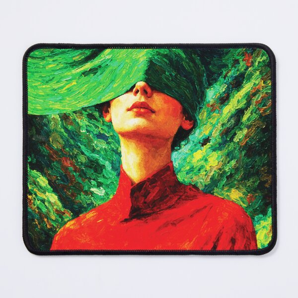 Item preview, Woman in Green Hat — Nature Fusion Impasto Oil Portrait with Red and Emerald designed and sold by RamyGallery.