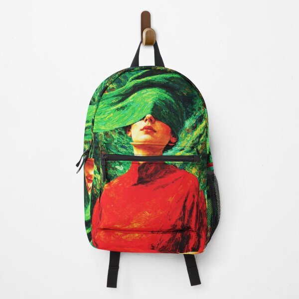 Item preview, Woman in Green Hat — Nature Fusion Impasto Oil Portrait with Red and Emerald designed and sold by RamyGallery.