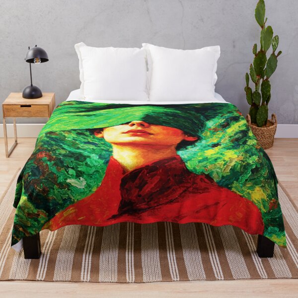 Item preview, Woman in Green Hat — Nature Fusion Impasto Oil Portrait with Red and Emerald designed and sold by RamyGallery.