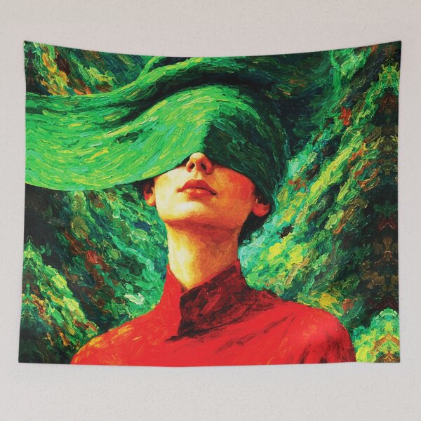 Item preview, Woman in Green Hat — Nature Fusion Impasto Oil Portrait with Red and Emerald designed and sold by RamyGallery.