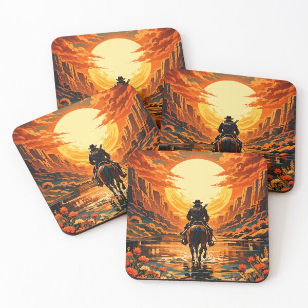 Item preview, Lone Cowboy Riding Horse Canyon Sunset Poster designed and sold by arfindo-indra.
