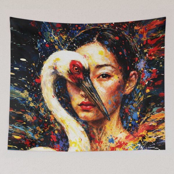 Item preview, Woman with Sacred Crane — Colorful Splatter Oil Painting Mythic Portrait designed and sold by RamyGallery.