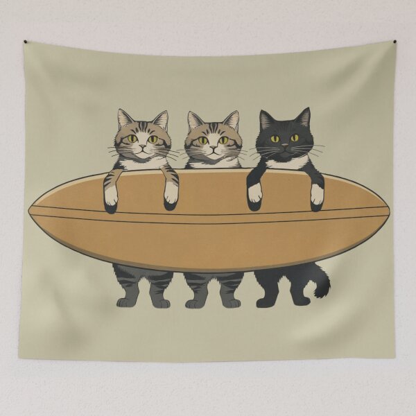 Item preview, Surfing Cats Trio – Vintage Style Beach Kitty Illustration designed and sold by LEO'S CREATURE　れおずくりーちゃー.