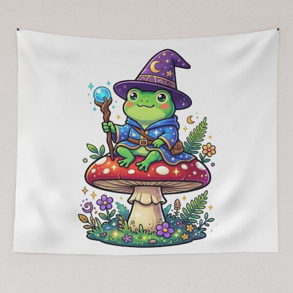 Item preview, Frog Wizard cute Sitting on Mushroom – Kawaii Fantasy Magic Frog Sticker, Magical Frog Illustration designed and sold by ArtsyExplorer.