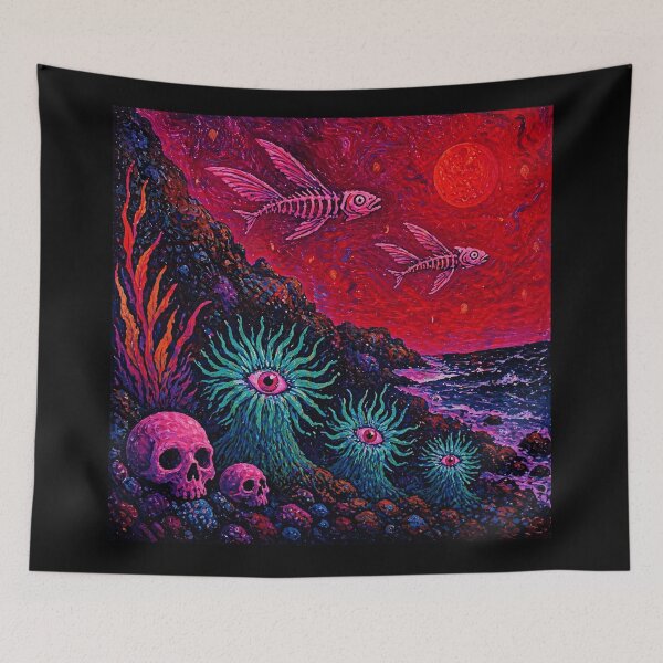 Item preview, Surreal Deep Sea Skeleton Fish Beneath Crimson Cosmic Tide designed and sold by Modaozushi216.