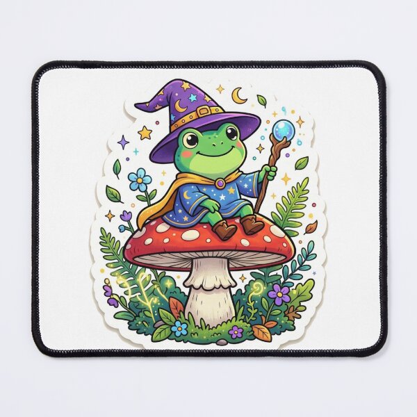 Item preview,  Frog Wizard Sitting on Mushroom – Kawaii Fantasy Magic Frog Sticker, Magical cute Frog Illustration designed and sold by ArtsyExplorer.