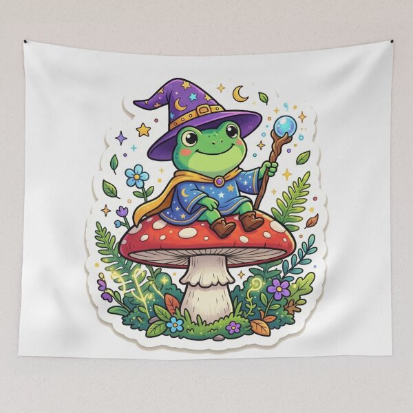 Item preview,  Frog Wizard Sitting on Mushroom – Kawaii Fantasy Magic Frog Sticker, Magical cute Frog Illustration designed and sold by ArtsyExplorer.
