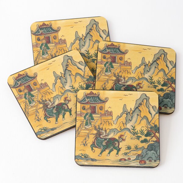 Item preview, Vintage Eastern Mountain Landscape With Mythic Guardian Creature designed and sold by eliramaison.