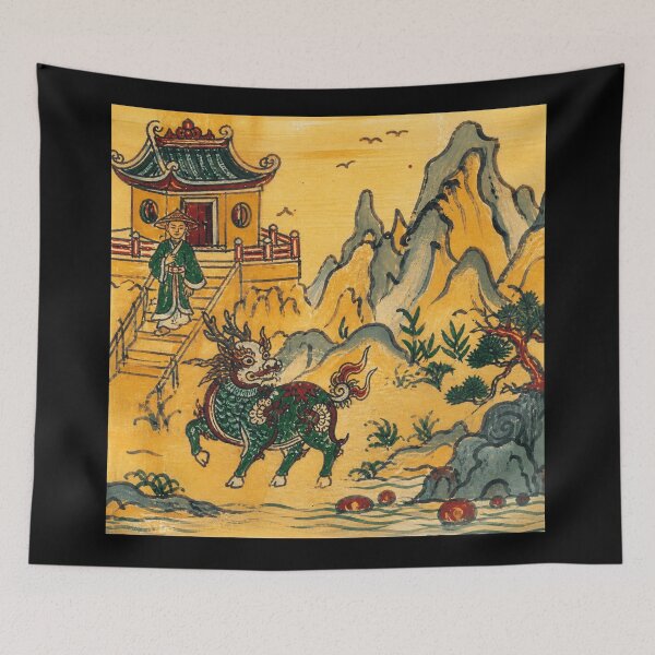 Item preview, Vintage Eastern Mountain Landscape With Mythic Guardian Creature designed and sold by eliramaison.