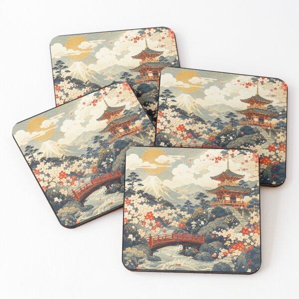 Item preview, Cherry Blossom Mountain Temple Landscape With Vintage Japanese designed and sold by eliramaison.