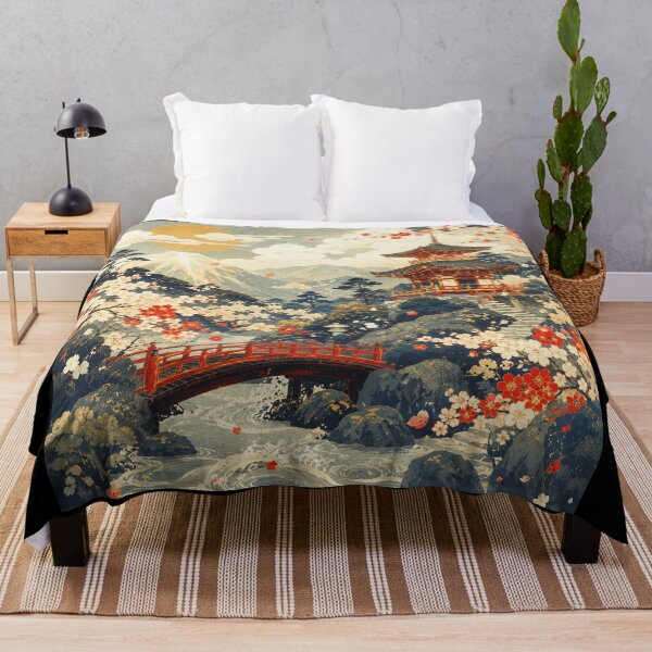 Item preview, Cherry Blossom Mountain Temple Landscape With Vintage Japanese designed and sold by eliramaison.