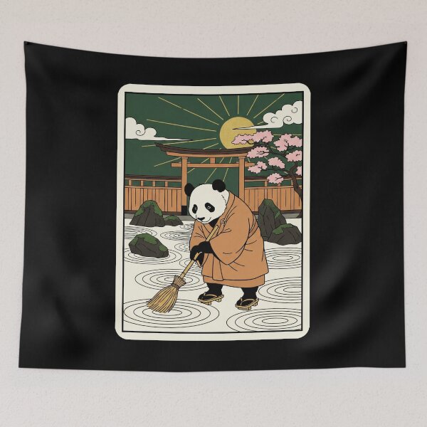 Item preview, Zen Panda Sweeping Japanese Garden Under Golden Sunset Sky designed and sold by JordynLadukeg65.