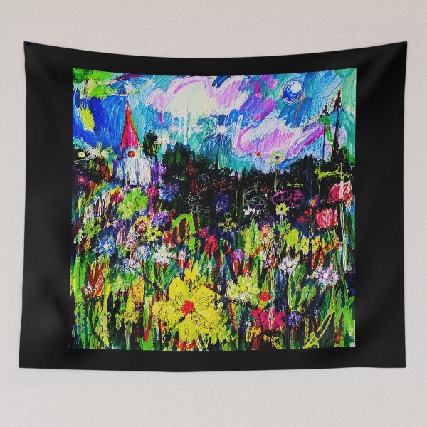 Item preview, Colorful Wildflower Meadow Dreamscape With Church Tower Expressionist designed and sold by eliramaison.