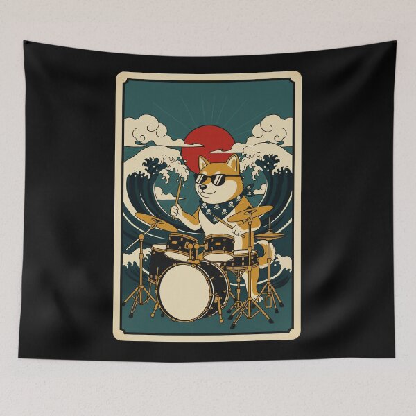 Item preview, Retro Shiba Drummer Riding Ocean Wave Sunset designed and sold by JordynLadukeg65.