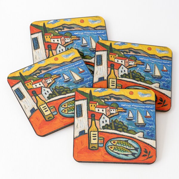 Item preview, Colorful Mediterranean Coastal Dinner Scene With Sailboats And Village View designed and sold by Modaozushi216.
