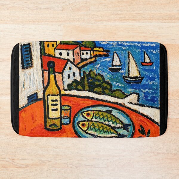 Item preview, Colorful Mediterranean Coastal Dinner Scene With Sailboats And Village View designed and sold by Modaozushi216.