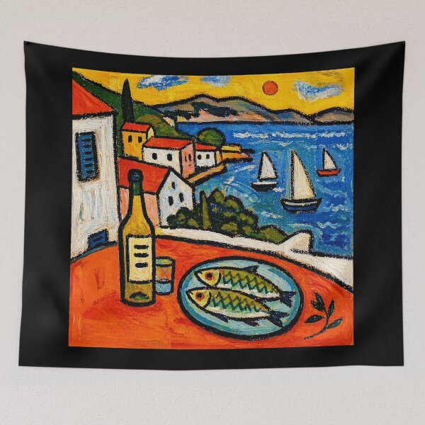 Item preview, Colorful Mediterranean Coastal Dinner Scene With Sailboats And Village View designed and sold by Modaozushi216.