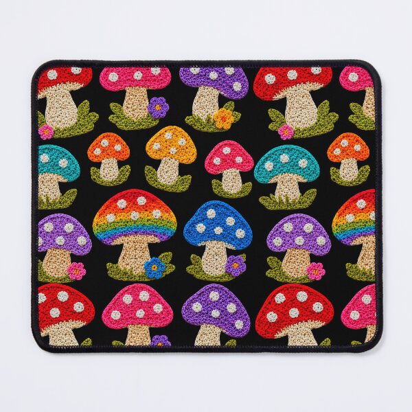 Item preview, Crochet-Style Rainbow Colors Mushrooms Print on Black Shapes Mania designed and sold by Shapes-Mania.