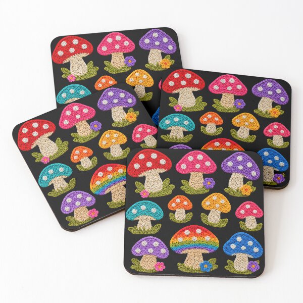 Item preview, Crochet-Style Rainbow Colors Mushrooms Print on Black Shapes Mania designed and sold by Shapes-Mania.