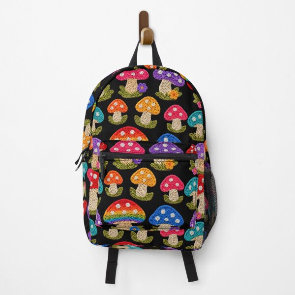 Item preview, Crochet-Style Rainbow Colors Mushrooms Print on Black Shapes Mania designed and sold by Shapes-Mania.