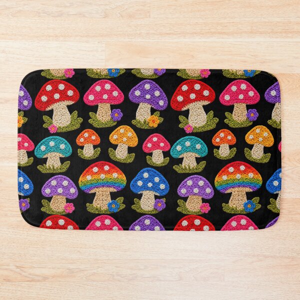 Item preview, Crochet-Style Rainbow Colors Mushrooms Print on Black Shapes Mania designed and sold by Shapes-Mania.