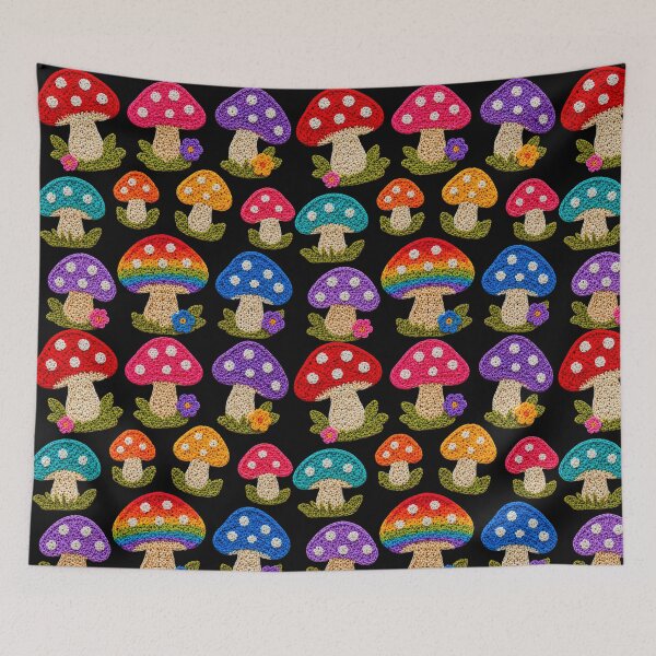Item preview, Crochet-Style Rainbow Colors Mushrooms Print on Black Shapes Mania designed and sold by Shapes-Mania.
