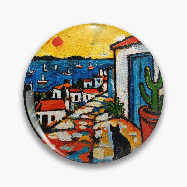 Item preview, Colorful Mediterranean Seaside Village Painting with Cat and Coastal Sunset designed and sold by Modaozushi216.