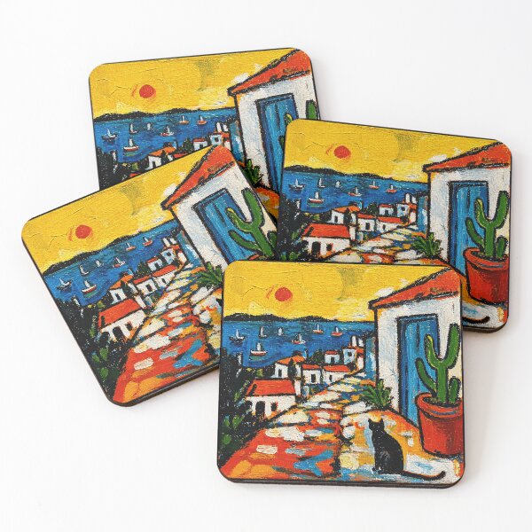 Item preview, Colorful Mediterranean Seaside Village Painting with Cat and Coastal Sunset designed and sold by Modaozushi216.