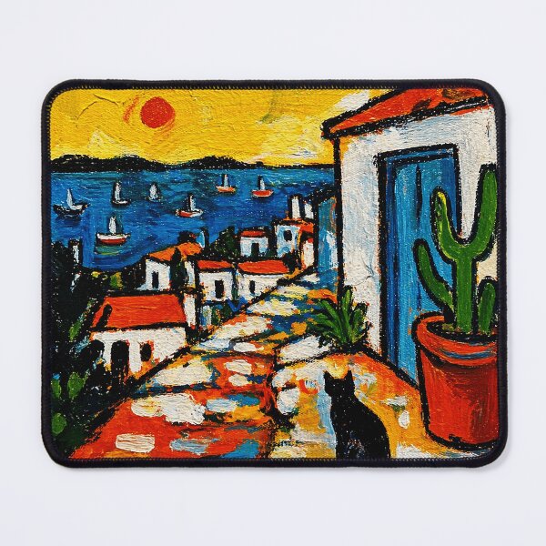 Item preview, Colorful Mediterranean Seaside Village Painting with Cat and Coastal Sunset designed and sold by Modaozushi216.