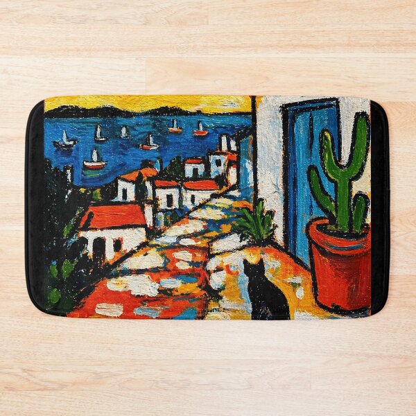 Item preview, Colorful Mediterranean Seaside Village Painting with Cat and Coastal Sunset designed and sold by Modaozushi216.