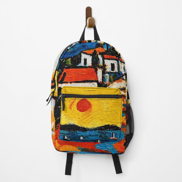 Item preview, Colorful Mediterranean Seaside Village Painting with Cat and Coastal Sunset designed and sold by Modaozushi216.