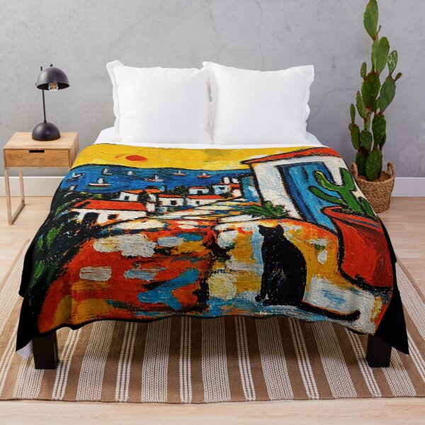 Item preview, Colorful Mediterranean Seaside Village Painting with Cat and Coastal Sunset designed and sold by Modaozushi216.