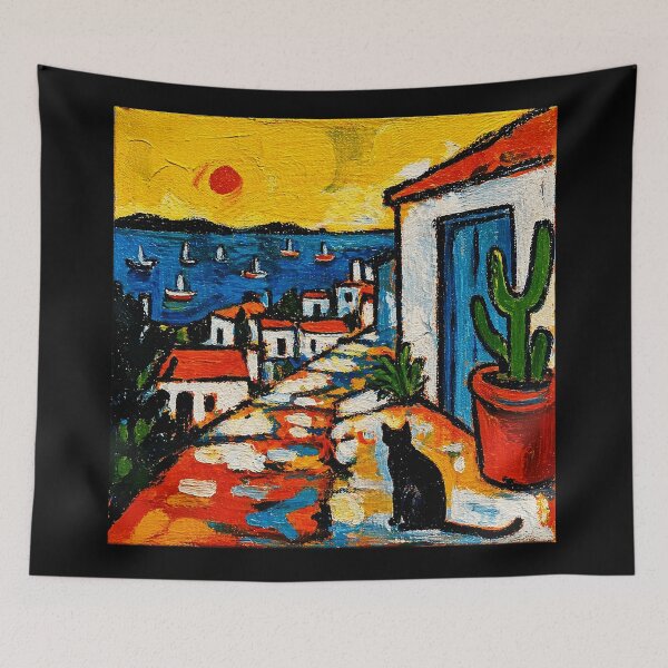 Item preview, Colorful Mediterranean Seaside Village Painting with Cat and Coastal Sunset designed and sold by Modaozushi216.